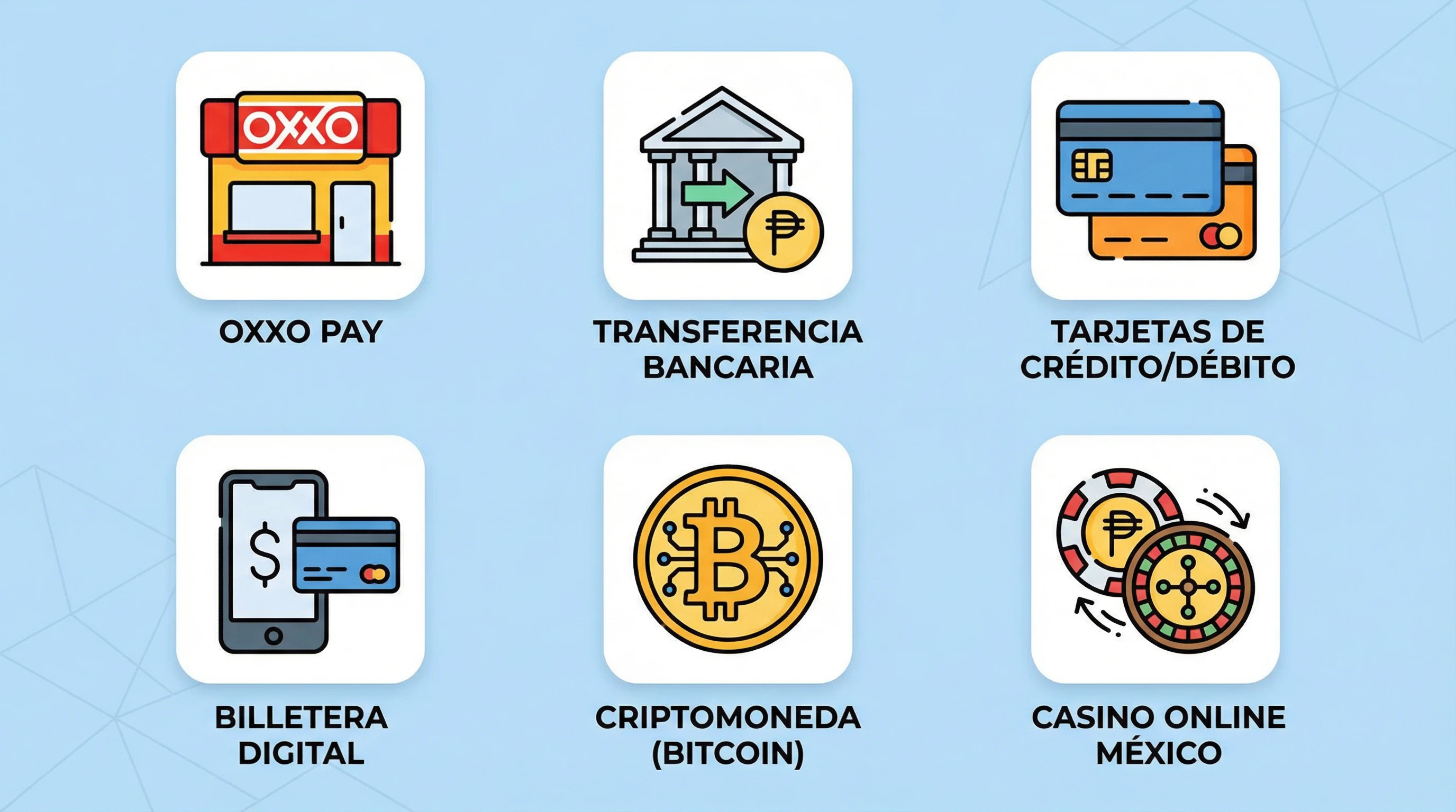 Métodos de pago disponibles en México OXXO SPEI tarjetas criptomonedas